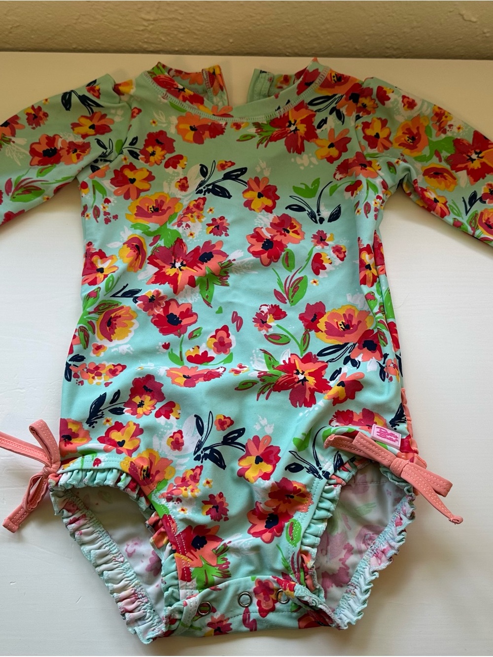 Ruffle Butts Floral Long-Sleeve Swimsuit - Mint with Pink Floral